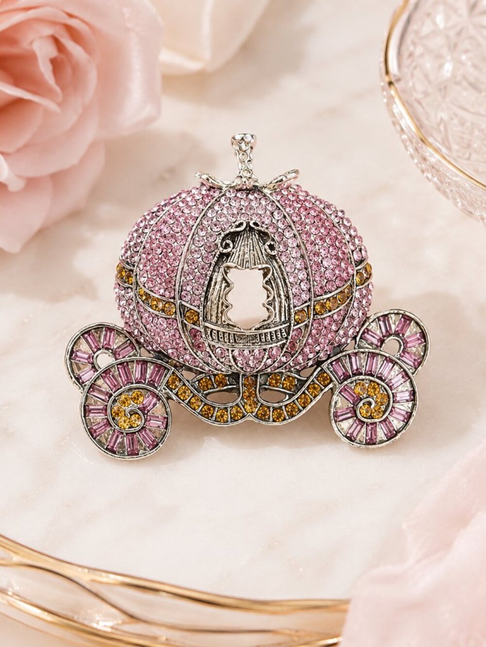 Pink Crystal Pumpkin Carriage Brooch Rhinestone Princess Coach Pin NWT